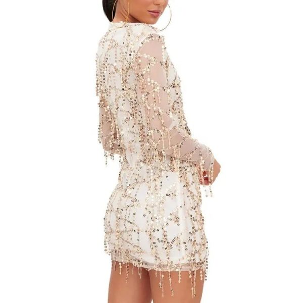 White Sheer Mesh Rose Gold Sequin Long Sleeve Women Fashion Party Bodycon Dress