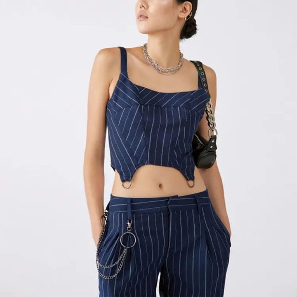 Women workwear style hardware cropped top and low rise straight leg pant set