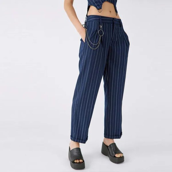 Women workwear style hardware cropped top and low rise straight leg pant set