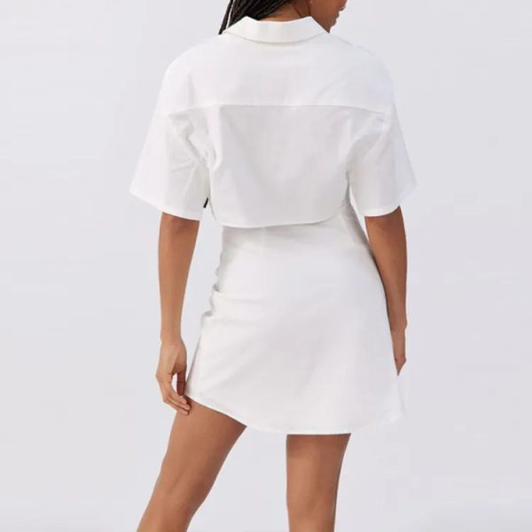 Two piece set women short sleeve shirt with tab collar paired with a mini skirt cotton material