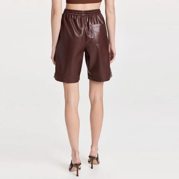 Summer Ladies casual slant pocket stretch faux leather smocked waist polyester Shorts for women