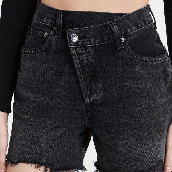 Ladies fashion button fly cotton casual frayed cuff faded wash denim asymmetrical Crisscross Shorts for women