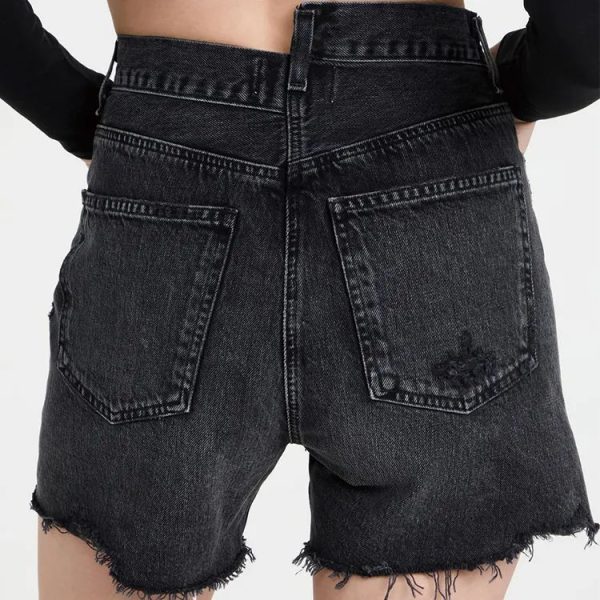 Ladies fashion button fly cotton casual frayed cuff faded wash denim asymmetrical Crisscross Shorts for women