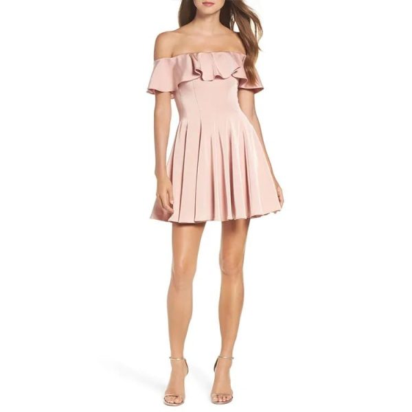 Ruffle Off the Shoulder Dress women polyester pleated crepe mini party dress