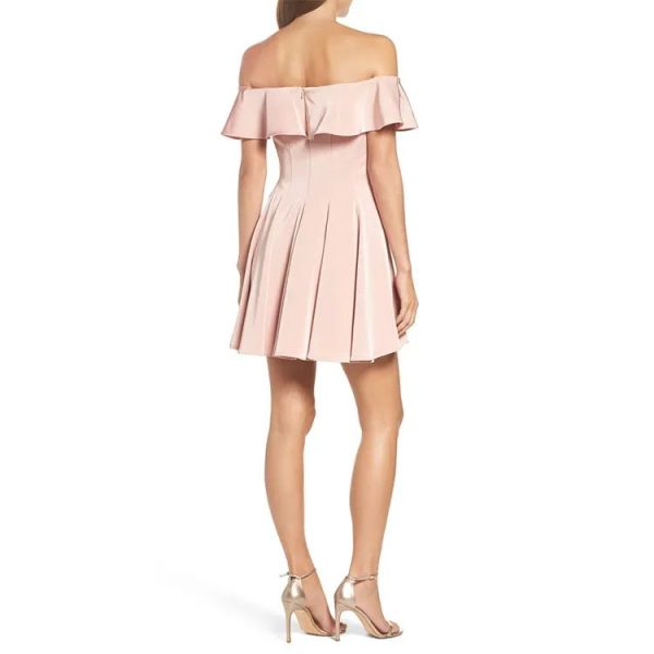 Ruffle Off the Shoulder Dress women polyester pleated crepe mini party dress